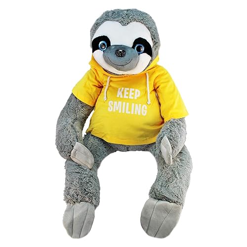 BEMIRO Faultier Kuscheltier XXL gelb Keep Smiling - 100 cm, Faultier Kuscheltier mit Pulli, Kletthände zum anhängen, Plüschtier mit Hoodie
