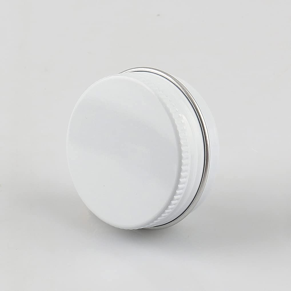 100 Pezzi Barattoli di alluminio 15ml a Vite Bianca Scatola in Alluminio Forma Rotondo, Vasetti per DIY Candele Cosmetico Caramella Gadget Balsamo Labbra, 4x Etichette e 10x Spatola