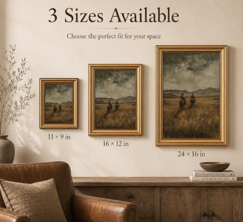 Image of Gold Framed 3D Textured Wall Art, Vintage Western Cowboy Horse Canvas Prints, Wild West Mountain Landscape Pictures Decor, Mid-Century Equestrian Gallery Artwork for Living Room Office 24x16 in