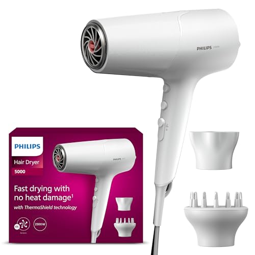 Philips 5000 Series - sèche-cheveux, technologie ThermoShield, ionique, 2 100 W, blanc, avec concentrateur et diffuseur de volume, modèle BHD500/20