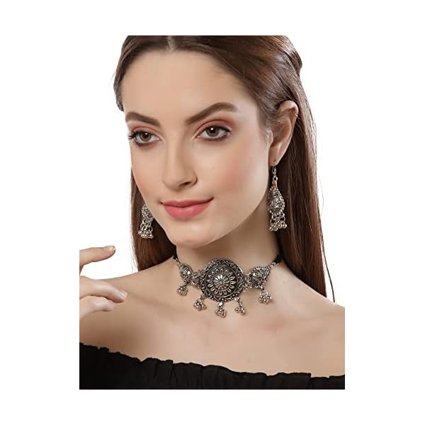Shining Diva Fashion Latest Stylish Traditional Oxidised Silver Necklace Jewellery Set for Women (13117s) - Image 4