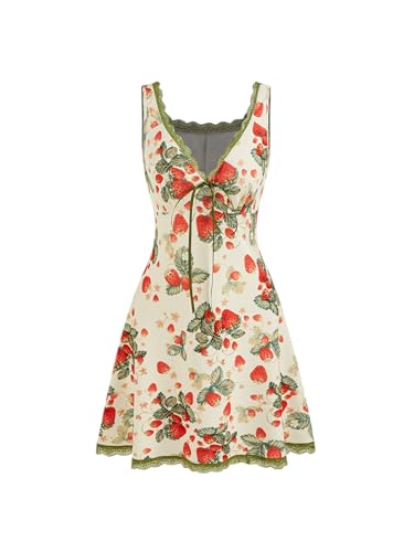 CIDER Summer Mini Dresses for Women Fruit Pattern Sweetheart Neck Sleeveless Sundress Knotted Tie A Line Sun Dresses Multicolor