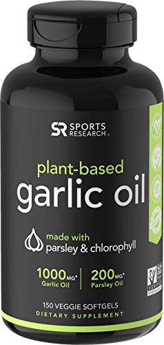 Odorless Garlic Oil Pills (1000mg) with Parsley & Chlorophyll | The only Vegan Certified Garlic Supplement Available | 150 Veggie softgels