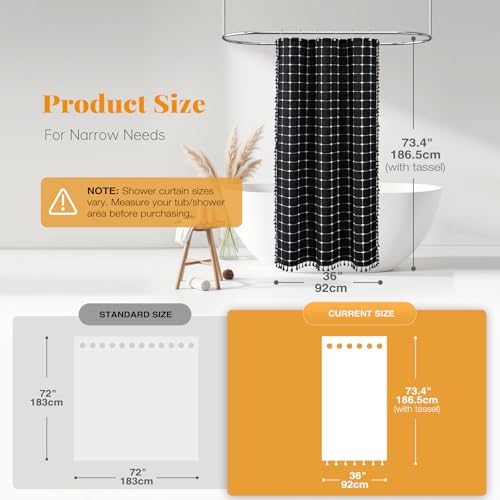 Image of BTTN Boho Shower Stall Curtain - 36x72 Narrow Linen Ultra Thick Tassel Fabric Cloth Shower Curtain Set with 6 Plastic Hook, Small Modern Farmhouse Country Shower Curtains for Bathroom, Black and White
