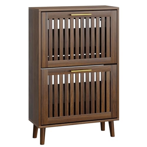 Meuble à chaussures avec 2 tiroirs à persiennes rabattables, étagère à chaussures fine de style fermier avec poignées dorées, rangement indépendant...