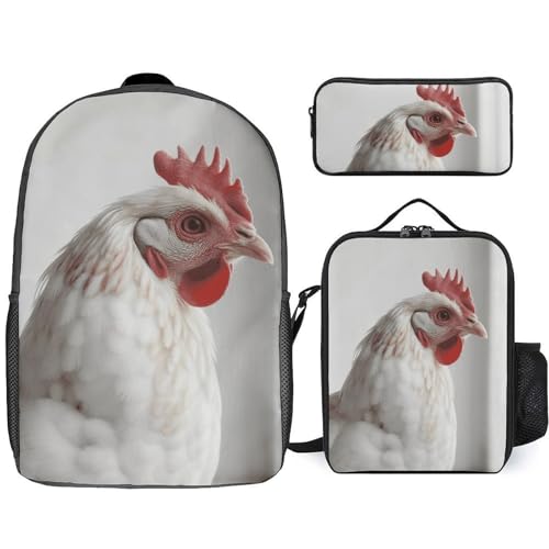 Sac à dos 3 pièces blanc motif poulet avec sac isotherme et trousse décontractée