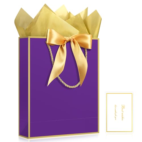 Image of JMANNI 1PCS Large Gift Bag with Ribbon and 1 Greeting Card 2 Tissue Papers, Portable Paper Gift Bag with Handles, Birthday Present Bags for Wedding Party,Mother's Day 12.6 inch x 9.8 inch x 3.9 inch(purple gold)