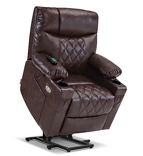 MCombo Small Power Lift Recliner Chair Sofa with Massage and Dual Heating, Adjustable Headrest for Elderly People Petite, USB Ports, Faux Leather 7111 (Dark Brown)