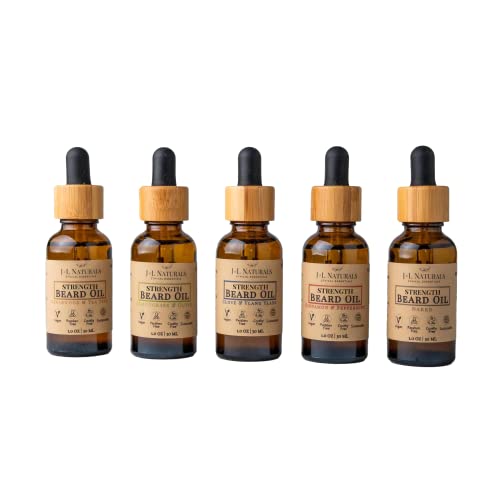 J&L Naturals | Beard Oil for Men | Strengthen, Prevent Damage & Breakage, Beard Care | 100% Natural Ingredients With Argan Oil, Jojoba Oil, Coconut Oil (1 Fl Oz (Pack of 5), Variety)