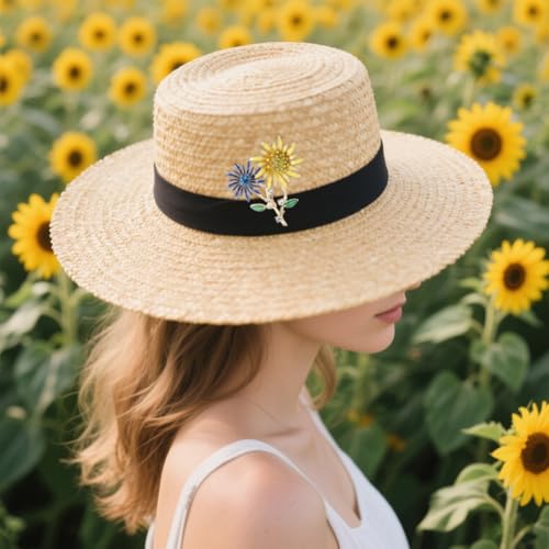 Image of Double Sunflower Brooch and Pins for Women Blue and Yellow Rhinestone Broach Nature Style Dress Pin Flower Jewelry
