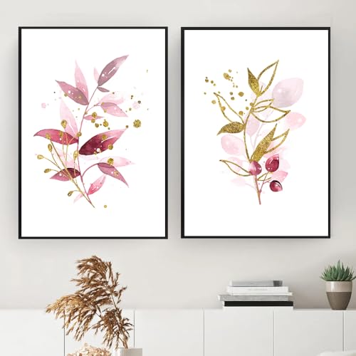Tableau botanique moderne pour salon : duo d'aquarelles rouges et dorées 50x70cm