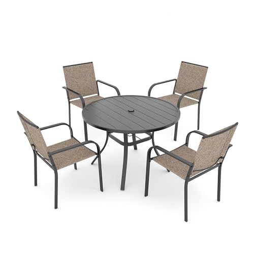 Image of Anmutig 5-Piece Outdoor Dining Set 4 Stackable Patio Chairs & 41 inch Round Table with Umbrella Hole All Weather Furniture Set for Lawn Deck Backyard - Beige White Fabric