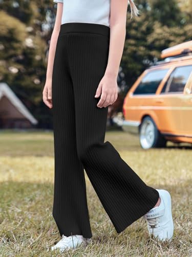Image of Haloumoning Girls Solid Rib Knit Wide Leg Pants Elastic Waist Flowy Casual Sweater Pants 5-14 Years