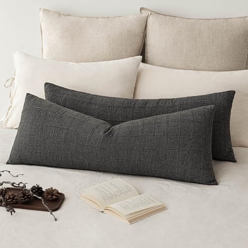 Image of Foindtower Set of 1 Decorative Linen Check Throw Pillow Cover Neutral Long Body Lumbar Cushion Cover Farmhouse Vintage Home Decor for Sofa Chair Couch Bedroom Living Room,14x36 Inch,Charcoal