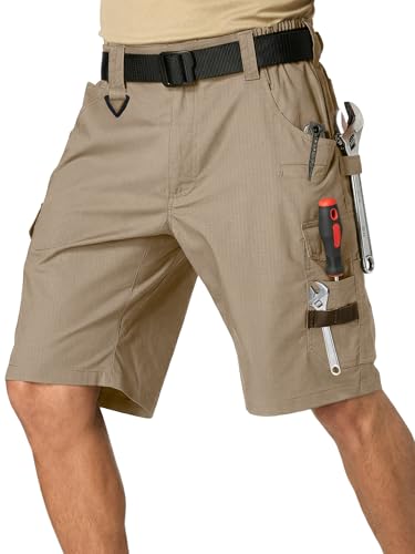 Men's Cargo Work Shorts Water Resistant Ripstop Tactical Tool Shorts for Outdoor Construction Hiking Fishing with 14 Pockets (US, Numeric, 32, Regular, Regular, Khaki)