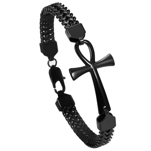 OIDEA Pulsera Cruz Ankh Hombre: Pulseras Negro de Cadena Doble Franco de Acero Inoxidable para Caballero Joyería del Antiguo Egipto Amuleto...
