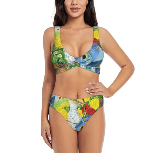 Fgwaauh Sspring - Conjunto de bikini de verano con estampado de pájaros, cuello en V, trajes de baño de playa 2026, Negro, L