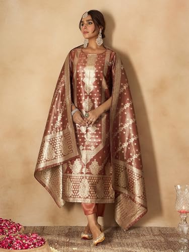 Image of INDO ERA Women's Purple Silk Blend Woven Design Straight Kurta and Pant with Dupatta Set (IESTR5599)