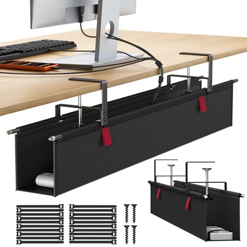 Housolution Under Desk Cable Management Tray, 36'' Longer Cord Management Under Desk, Premium Fabric Cable Storage Organizer, No Drilling Clamp/Screw Mount Cord Organization Tray for Office Home