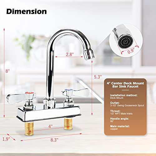 Zkdausdo Commercial Bar Sink Faucet 4 Inch Center Deck Mount Bar Sink Faucet 2 Hole Brass Constructed & Chrome Polished With 3-1/2 Inch Gooseneck Spout & Dual Lever Handles thumb #3