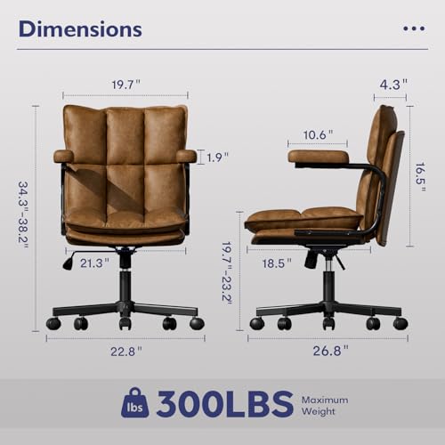 Image of Ollega Mid Century Modern Desk Chair, Vintage Leather Office Chair, Brown | Petite Computer Chair for Small to Medium Women, Thickened Back, Cozy Seat, Adjustable Height for Home