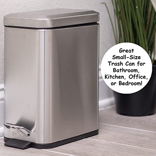 Soft Close, Rectangular Trash Can 5L With Anti - Bag Slip Liner And Lid, Use As Mini Garbage Basket, Slim Dust Bin, Or Decor In Bathroom, Restroom, Kitchen, Or Bedroom (5L / 1.3 Gallon, Brushed Stainless Steel) #TOP5