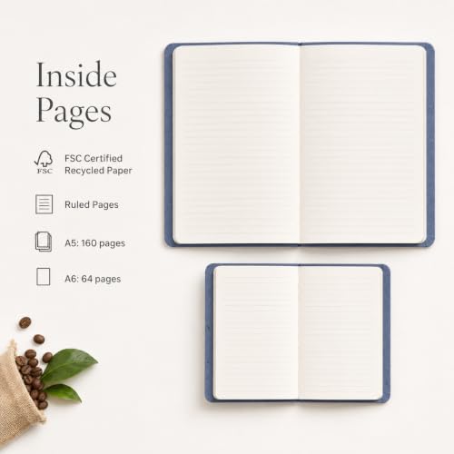 Image of Coffee Husk Paper Notebook Set of 2 - A5 Hardbound Journal 160 Ruled Pages + A6 Pocket Notebook 64 Ruled Pages, FSC Certified Recycled Paper, Eco Friendly Diary Set for Work, Study & Gifting