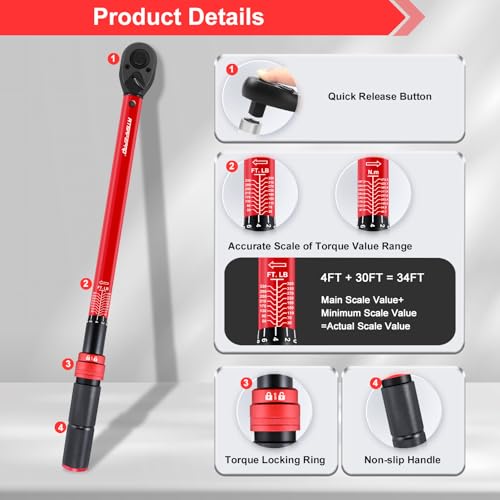 Image of ATsafepro 3 /4 Torque Wrench,3 /4 Drive Torque Wrench-30-350 Ft-Lb(40.7-474.3Nm) Dual Scales,Precision Instruments Torque Wrench Pre-Calibrated Accuracy+-3%,48-Tooth Dual-Direction for Auto & Machinery