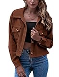 Gihuo Women's Fashion Cropped Shacket Button Down Corduroy Shacket Jackets Casual Plaid Long Sleeve Crop Jackets Tops (Brown, Small)