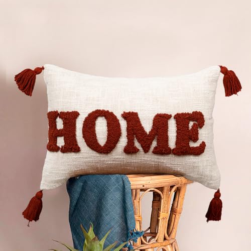 Image of HOMADORN 100% Cotton Text Pattern Handtufted /Embroided Decorative Cushion Cover (12X20 Inches) (1, Home Rust)