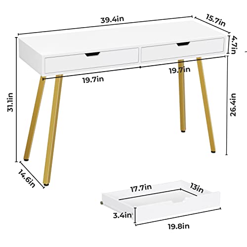 Greenforest Vanity Desk With Glossy Desktop, 39 Inch Makeup Desk With 2 Drawers Dressing Table For Girls Women Bedroom Modern White Writing Computer Laptop Desk For Home Office, Gold #TOP6