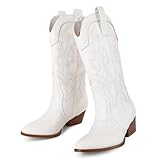 AOSPHIRAYLIAN White Cowboy Boots for Women Embroidered Cowgirl Boots Pointed Toe Womens Western Boots Chunky Heel Mid Calf Fashion Winter Fall Boots Ladies Dressy Shoes