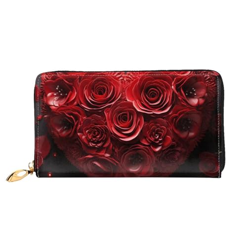 Red Rose Love Heart Women Wallets Leather Zip Around Clutch Purses Waterproof Credit Card Holder With Phone Holder Ladies Travel Coin Purse