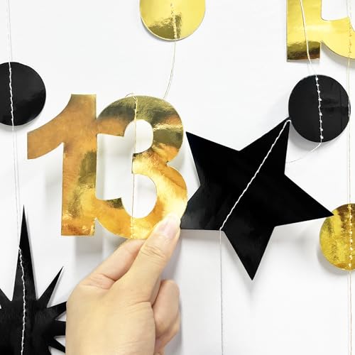 Image of Black Gold 13th Birthday Decorations Number 13 Circle Dot Twinkle Star Garland Metallic Hanging Streamer Banner Backdrop Girls Boys 13 Years Old Birthday Thirteen Official Teenager Party Supplies