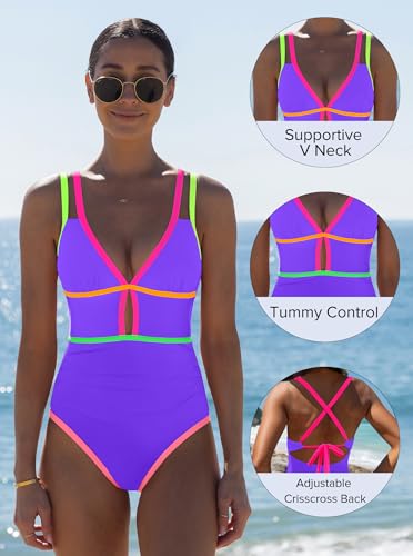 Image of popvil Women One Piece Swimsuit 2026 Tummy Control Sexy Cutout Neon Color Block Bathing Suit Slimming Adjustable Swimwear