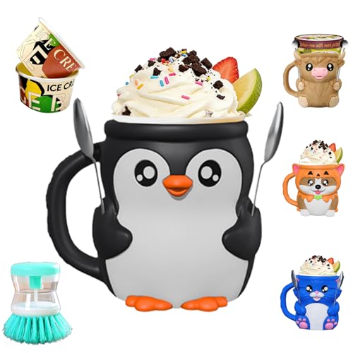 Highland Cow Ice cream Pint Holder, Ice Cream Pint Sleeves with Spoon & Handle, Leak Proof Insulated Sleeve for Beer Can, No Cold Hands, Cute Animal Cooler Container for Ice Cream Lovers (penguin)