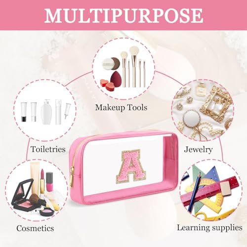 Iqimott Mini Clear Personalized Initial Makeup Bag, Nylon Preppy A-Z Chenille Letter Patch Zipper Cosmetic Bag, Small Cute Pouch Travel Coin Purse Toiletry Bag, Small-Pink, A - 3