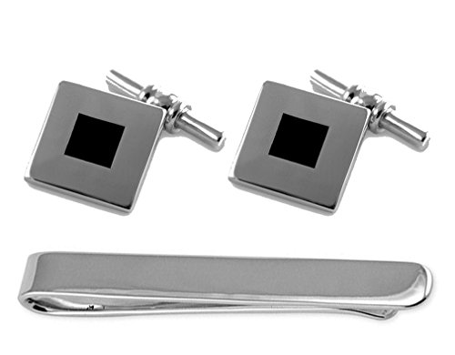 Gemelos de plata de ley y clip de corbata con ónix negro para trajes de gala masculinos