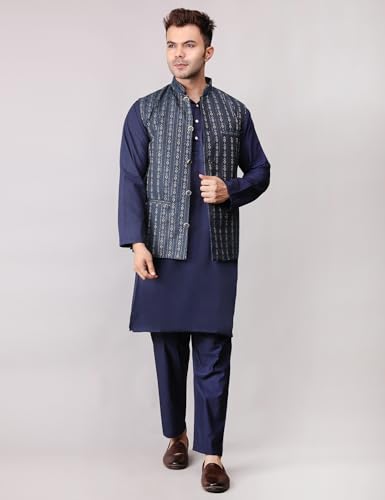 Image of Men's Cotton Silk Blend Regular Kurta Pyjama, Embroidered Nehru Jacket /Waistcoat Set