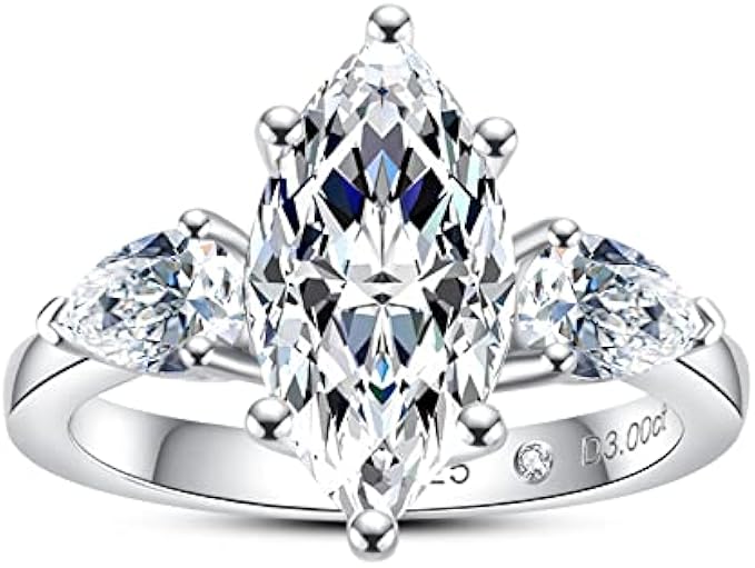 AnuClub Round/Emerald/Marquise Cut Moissanite 3 Stone Engagement Rings D Color VVS1 Round Cut 14K White Gold Plated 925 Sterling Silver Anniversary Wedding Promise Ring for Women