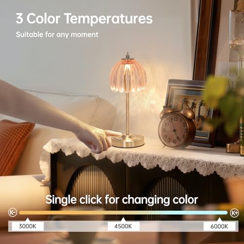 Image of Shenmoyl Tulip Table Lamp with 5200mAh Battery & Touch Control, Cordless Small Table Lamp with 3 Colors, Dimmable Rechargeable Table Lamps for Living Room, Bedroom, Desk, Bedside (Clear Pink Tulip)