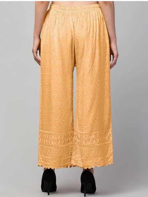 Image of Women's Palazzo Pants Rayon Trousers Chikankari Embroidered Lace Trim Wide Leg Straight Fit Flared Palazzo for Girls & Women