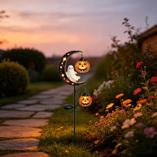 Solar Halloween Black Cat & Pumpkin Moon Garden Stake Light, Metal Crescent Moon & Pumpkin Lantern, Outdoor Waterproof LED Yard Decoration with Crescent Moon, for Patio Lawn Path Yard (D #) - image 4