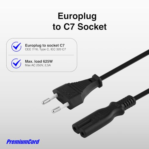 Miniatura 5 de Premiumcord Cable De Alimentación De 230v 2m, Para Pc Monitor Tv Ups, Cable De Alimentación Con Enchufe Europeo A Toma Doble Europea C7 De 2 Pines, Iec 320, Recto, Negro