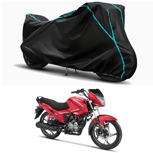 Image of Waterproof Bike Body Cover Compatible for | Hero Glamour Xtec | Taffeta Fabric, Sky Piping Design, Bottom Elastic Fit | Dustproof, Sun UV & Rain Protection for All Weather.