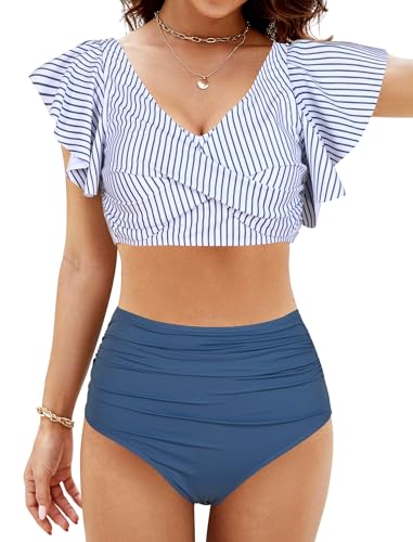 Evolyline Bikini Damen Set, V Ausschnitt überkreuztes Badeanzug, Sexy Sommer High Waist Bademode Zweiteiliger, BadeanzüGe Verstellbare Rückenlehne, Bauchkontrolle Swimsuit S-XL