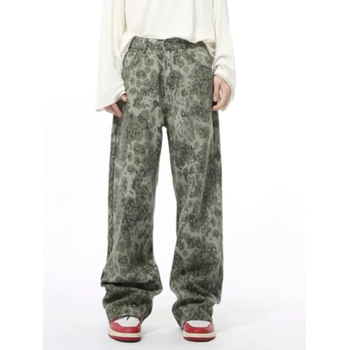 Mens Street Style Vintage Leopard Print Mid Rise Casual Zipper Baggy Y2k Long Jeans3