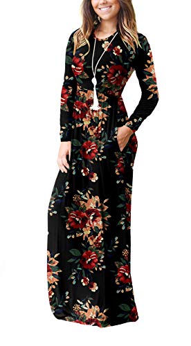 PCEAIIH Women's Long Sleeve Floral Printed Dress Loose Plain Maxi Dresses Casual Long Dresses with Pockets(FP-Brown Black M)