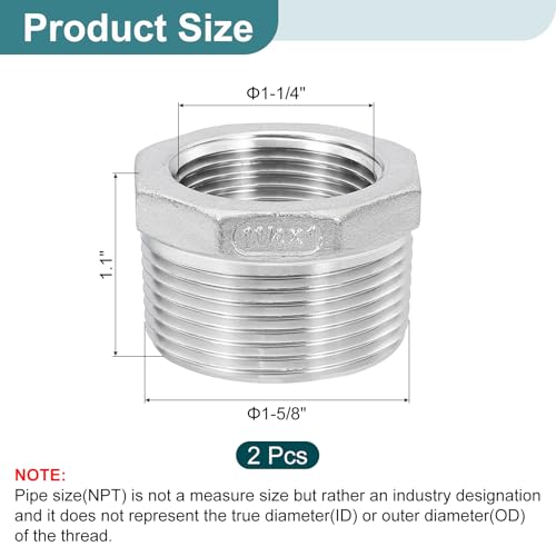 Image of uxcell 2Pcs 1-1 /4 inch Male to 1 inch Female NPT 304 Stainless Steel Reducer Hex Bushing, Reducing Cast Pipe Adapter Fitting for industrial, oil /gas, water, HVAC, and plumbing systems
