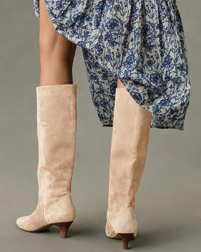 Coutgo Womens Knee High Boots Kitten Heel Pointed Toe Long Boots Pull On Suede Winter Dress Shoes4